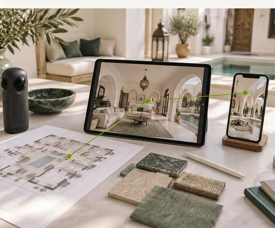 Plan architectural, caméra 360°, tablette et téléphone affichant la visite virtuelle