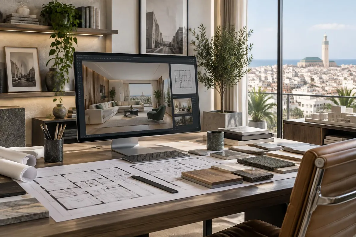 Studio de conception 3D à Casablanca avec plans, matériaux et rendu intérieur